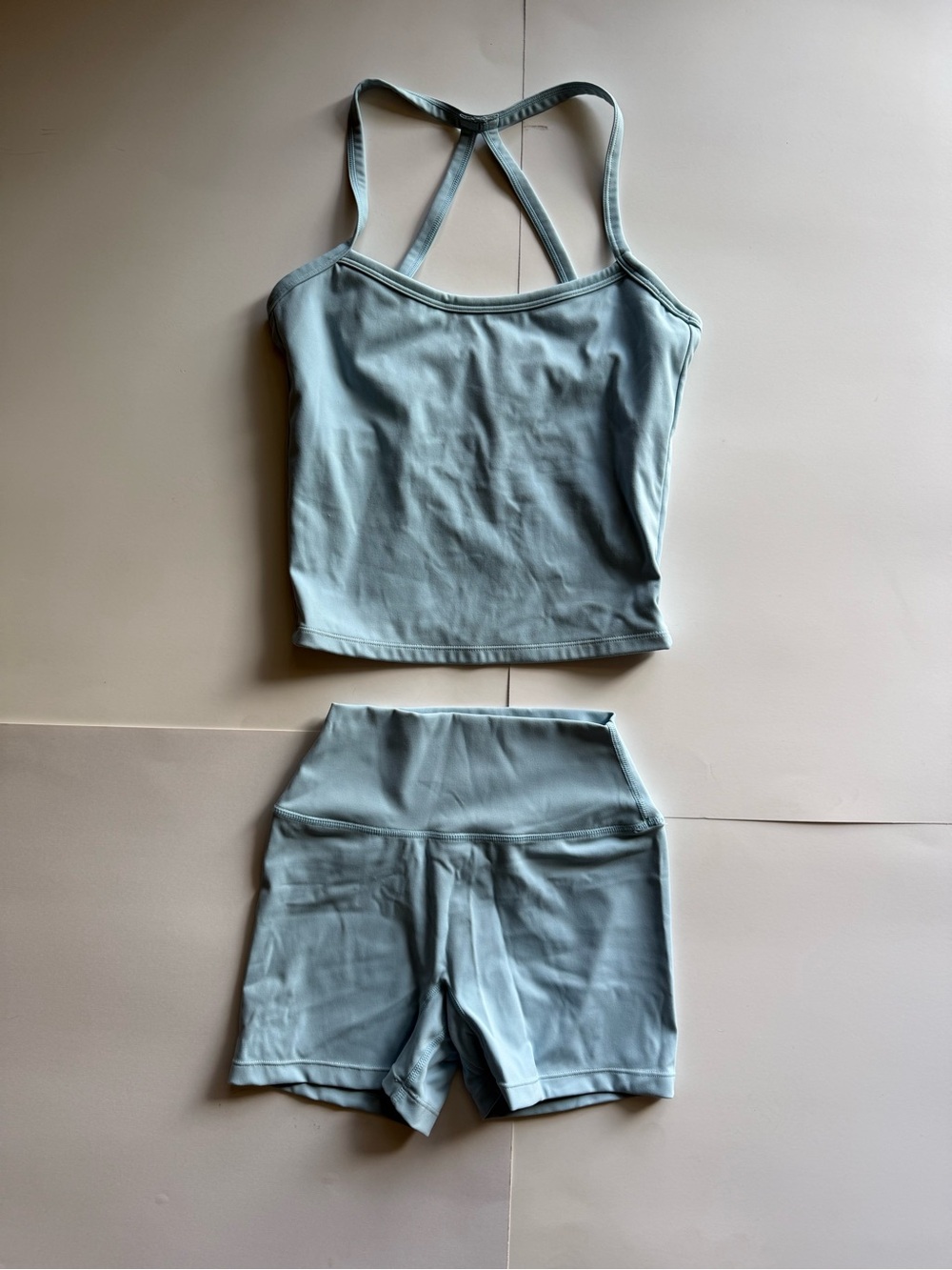 Light Blue Active Tank & High-Waist Bike Shorts Set